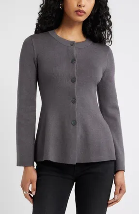 Open Edit Button Front Peplum Cardigan in Grey Medium Charcoal Heather at Nordstrom, Size Xx-Small