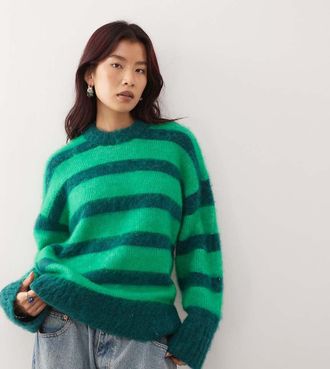 Monki Maglione oversize soffice verde a righe-Multicolore