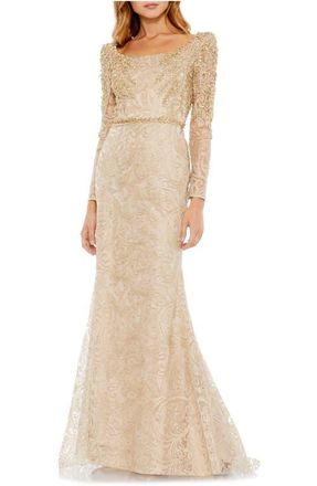 Mac Duggal Embroidered Applique Shoulder Detail Trumpet Gown in Light Gold at Nordstrom, Size 16