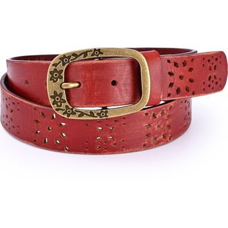 OLD TREND Blooming Genuine Leather Perforated Floral Vintage Belt in Cognac at Nordstrom, Size Medium