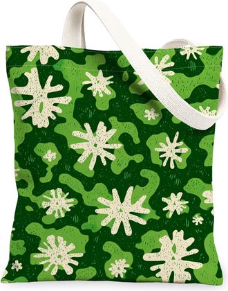 Generic Floral Green Canvas Tote Bags, Artistic Plant Pattern Reusable Grocery Bags, Vintage Lightweight Washable Shoulder Strap Ca, Green, 13x15 Inch