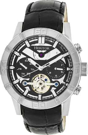 Heritor Hannibal Black Open Heart Dial Black Leather Mens Watch HR4102