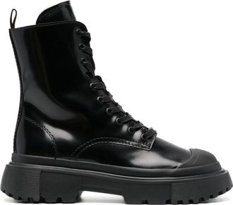 Hogan Black Polished Leather Side Zip Ankle Boots