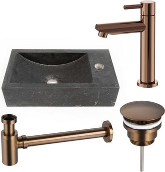 Saniclass Fuente fonteinset - 40x22cm - 1 kraangat - rechts - natuursteen - fonteinkraan Geborsteld koper PVD (Koper) - donker