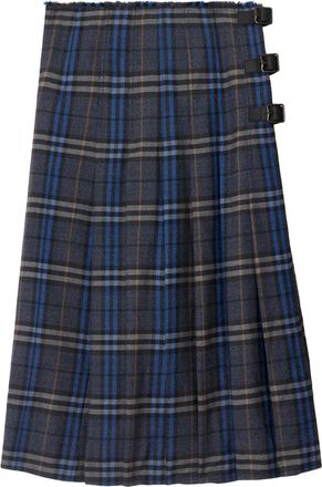 Burberry Check midi skirt - women - Wool/Calf Leather - 14 - Grey