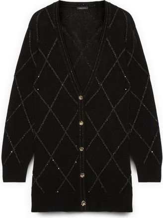 Fiorella Rubino Gebreid vest met ruitpatroon en pailletten - Dames - Vesten - Zwart - L - Pailletten - Truien & Vesten