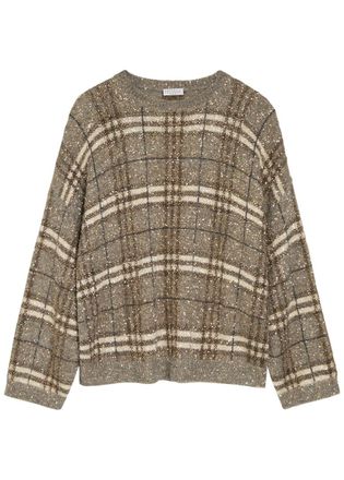 Brunello Cucinelli Checked Embellished Knit Jumper - Grey - S (UK8-10 / S)
