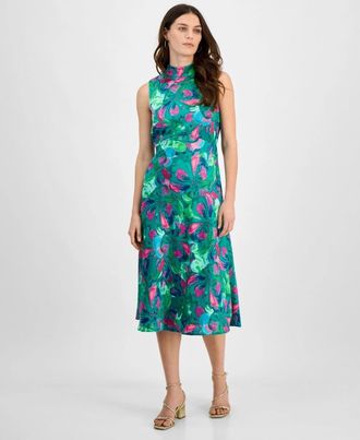 Elie Tahari Asl Midi Dress Womens Green Jade Rose Satin Mock Neck Preppy FTS1527