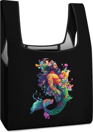 Generic Mermaides Man Flowers Shopping Bag Reusable Grocery Tote Bag Foldable Handbag for Travel Picnic
