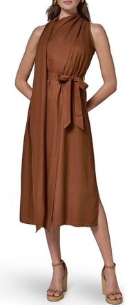 DKNY Sleeveless Linen Blend Midi Dress in Cognac at Nordstrom, Size 10