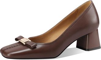 TinaCus Genuine Leather Womens Square Toe Handmade Bowknot Chunky Heels Office Lady Pumps Shoes, Brown, 4.5 UK