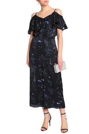 Rachel Zoe Cold-Shoulder Ruffled Floral-Print Silk-Satin Jumpsuit Size XS