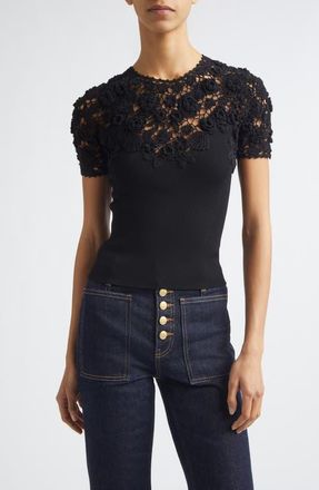 Ulla Johnson Clelia Rib Knit Crochet Top in Noir at Nordstrom, Size X-Small