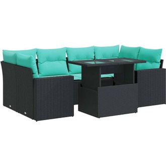 vidaXL 7 Piece Garden Sofa Set with Cushions Black Poly Rattan Acacia vidaXL