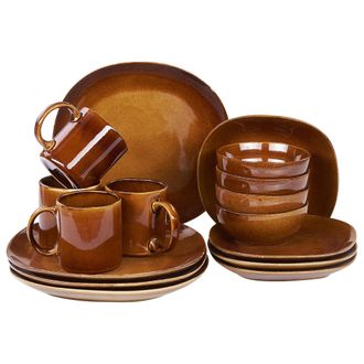 Beliani Beliani - Conjunto De 16 Piezas De Gres Marr&oacute;n Dorado 4 Personas Esmalte Reactivo Turmeric
