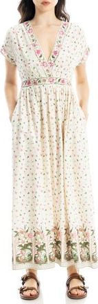 Max Studio Surplice Neck Short Sleeve Maxi Dress in Cream/Pink Magnolia at Nordstrom Rack, Size X-Large