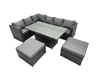 Fimous 8-seater Rattan Garden Furniture Dining Set with 2 Big Stool in Dark Grey