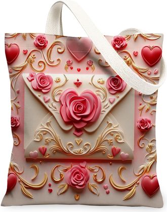 Generic Valentines Day Floral Canvas Tote Bags, Romantic Rose Design Reusable Grocery Bags, Elegant Vintage Washable Shoulder Strap Canvas for Travel Beach Sh