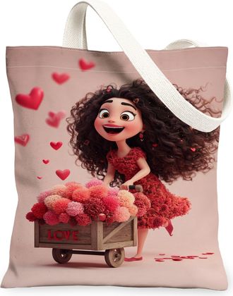 Generic ValentineS Floral Canvas Tote Bags, Cute Flower Pattern Reusable Shopping Bags, Lightweight Washable Shoulder Strap Canvas, Peach, 13x15 Inch