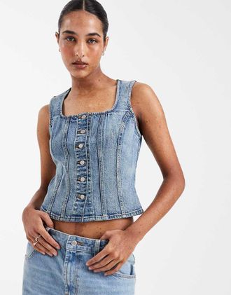 Levi's Top di jeans modellante bianco con scollo squadrato