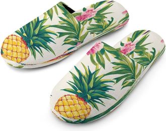 Generic Tropical Pineapple Bird Floral Mens Cotton Slippers Memory Foam Comfort House Shoes Winter Indoor Slipper for Hotel Casa Spa