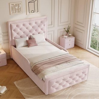 Merax 3ft Single Velvet Upholstered Bed Frame with Hydraulic Storage in Pink