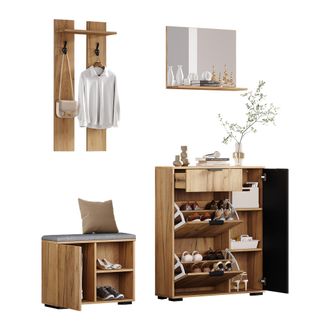 STILVORA Mueble De Entrada Con 4 Puertas, Banco Zapatero, Espejo, 1 Caj&oacute;n Y 2 Ganchos, Estilo Moderno, En Tablero De Part&iacute;culas, Natural, 140&times;35&times;139 Cm