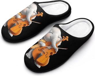 Generic Cute Elephant Playing Cello Mens House Slippers Memory Foam Washable Cotton Slip on Home Shoes