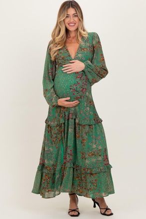 Pinkblush Floral Chiffon V-Neck Long Sleeve Maxi Dress in Green at Nordstrom, Size Small