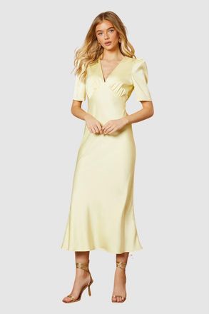 Oasis Satin V-Neck Midi Dress in Butter at Nordstrom, Size 12
