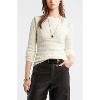 Treasure & Bond Ruffle Trim Pointelle Stitch Cotton Blend Sweater in Ivory Dove at Nordstrom, Size Xx-Small
