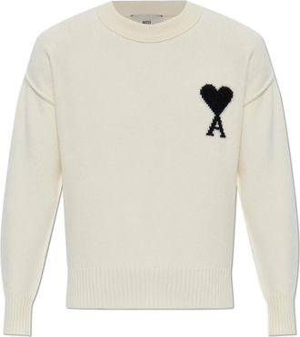 Ami Wollen trui met logo - unisex - Ronde hals truien - Beige - S - Wol - Truien & Vesten