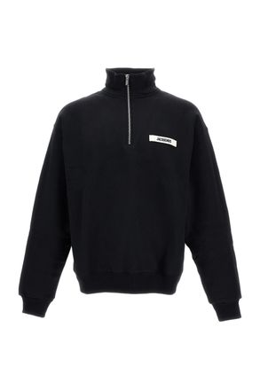 Jacquemus High Neck Zip Sweatshirt with Logo Detail and Gathered Cuffs