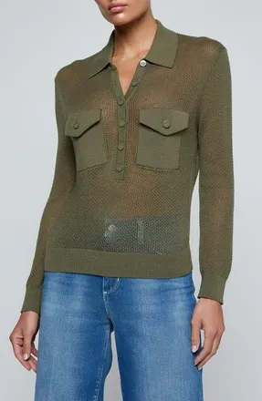 L'agence Carine Pointelle Polo Sweater in Smokey Olive at Nordstrom, Size X-Large