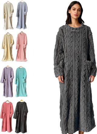 Generic Flannel Night Gowns for Women, Winter Thermal Insulated Coral Fleece Long Nightdress Cozy Sleepwear Home Dress (Gray,XL)