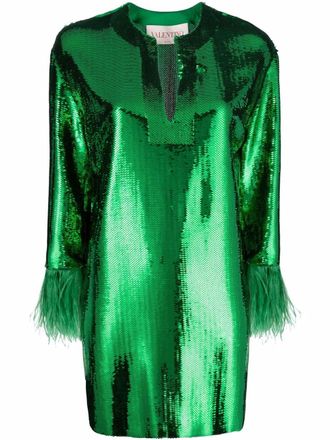 Valentino Garavani sequin and feather kaftan dress - women - Silk/Silk/Ostrich Feather/Polyester - 46 - Green