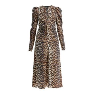 Ganni Midi Jurk met Dierenprint en Pofmouwen - Dames - Casual kleedjes - Bruin - L - Satijn - Kleedjes