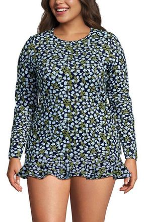 Lands End Crew Neck Long Sleeve Rash Guard UPF 50 Swim Tee in Navy Mini Bloom Floral at Nordstrom, Size 2X