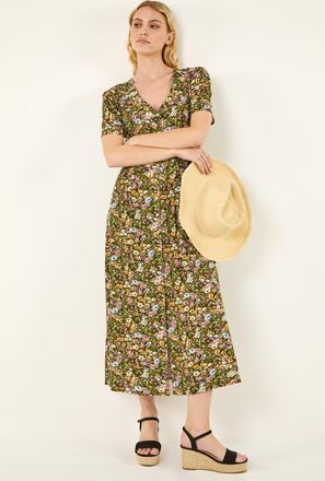 Roman Floral Print Button Midi Dress