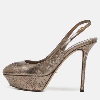 Sergio Rossi Gold Metallic Leather Peep Toe Platform Slingback Pumps