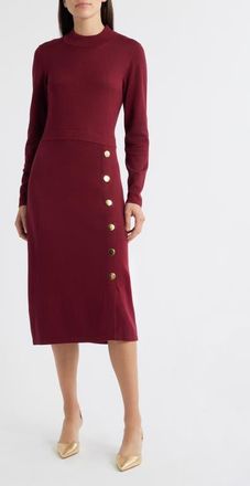 Julia Jordan Button Mock Neck Long Sleeve Midi Dress in Wine at Nordstrom, Size X-Large