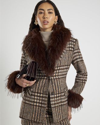 River Island Womens Wrap Coat Brown Faux Fur Collar Check - Size 14 UK