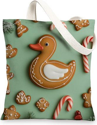 Generic Gingerbread Christmas Duck Canvas Tote Bag for Shopping 13x15, Fun Candy Kid Xmas Reusable Grocery Print Pattern Bag for Women, Happy Holiday Beach Ae