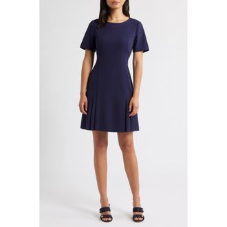 Tahari by ASL Kick Pleat Short Sleeve Stretch Crepe Dress in Midnight Navy at Nordstrom Rack, Size 14