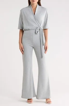 Go Couture Short Sleeve Faux Wrap Jumpsuit in Grey at Nordstrom Rack, Size X-Large
