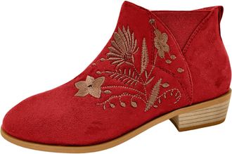 Generic Stylish Women Autumn Ankle Boots with Square Heel Flock Zipper Floral Embroidered Round Toe Booties for Fashion Footwear (Red, 4.5)