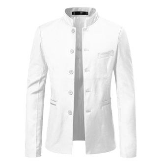 Generic Mens Black Mandarin Collar Blazer, Single Breasted Button Front Suit Jacket with Pockets,Business Dress Sport Coats, Formal & Casual Outerwear for Bus