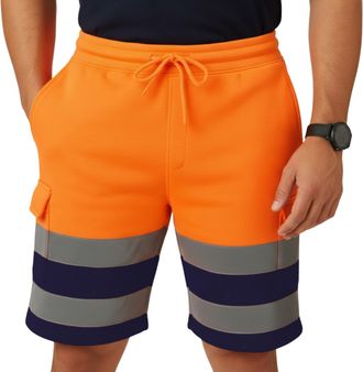 Janisramone Mens Hi Vis Shorts, Reflective Tape Bands Drawstring Elasticated Waist Hi Viz Cargo Shorts with Multiple Pockets, Work Utility & Safety Clothing