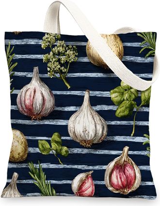 Generic Herb Canvas Tote Bags, Botanical Garlic Plant Pattern Reusable Grocery Bags, Vintage Rustic Lightweight Washable Shoulder S, Navy, 13x15 Inch