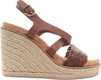 Ferragamo Tan laser cut leather & jute wedge espadrille sandals Size 39